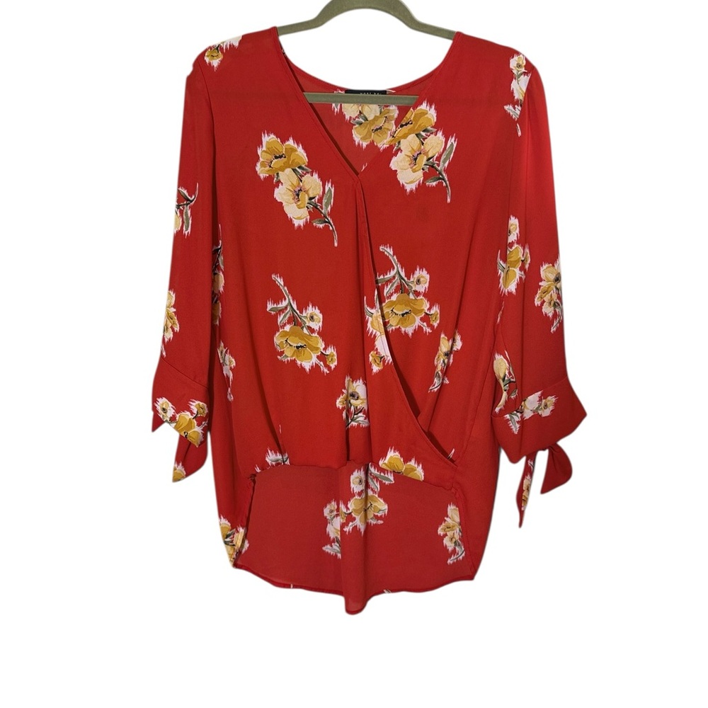 West Kai Women’s Floral Red Faux Wrap Blouse sz M